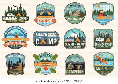 Set of summer camp, canoe and kayak club badges. Vector. For patch, stamp. Design with camping, mountain, river, american indian and kayaker silhouette. Extreme camp and water sport kayak patches