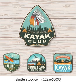 Set of summer camp, canoe and kayak club badges. Vector. Concept for patch, stamp. Retro design with camping, mountain, river, american indian and kayaker silhouette. Extreme water sport kayak patches