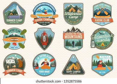 Set of summer camp, canoe and kayak club badges. Vector. For patch, stamp. Design with camping, mountain, lantern, tent, axe, mountain, campfire and kayaker. Extreme camp and water sport kayak patches
