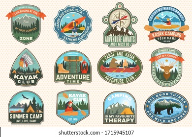 Set of summer camp, canoe and kayak club badges. Vector. Concept for patch, stamp. Retro design with camping, mountain, river, american indian and kayaker silhouette. Extreme water sport kayak patches