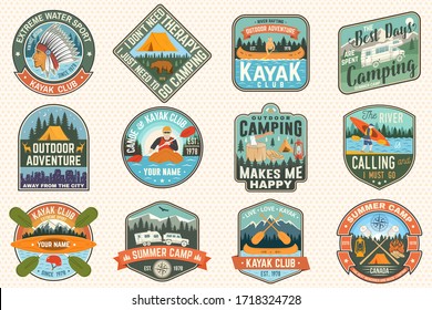 Set of summer camp, canoe and kayak club badges. Vector. Concept for patch, stamp. Retro design with camping, mountain, river, american indian and kayaker silhouette. Extreme water sport kayak patches