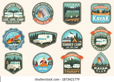 Set of summer camp, canoe and kayak club badges. Vector. For patch. Design with camping, mountain, river, american indian and kayaker silhouette. Extreme camp and water sport kayak patches