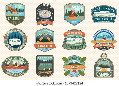 Set of summer camp, canoe and kayak club badges. Vector. For patch. Design with camping, mountain, river, american indian and kayaker silhouette. Extreme camp and water sport kayak patches