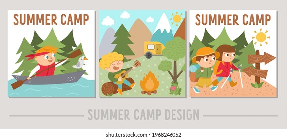 Set of Summer camp cards with cute kids doing camping activities. Vector square print templates with children rafting, playing guitar, hiking. Active holidays or local tourism design for postcard