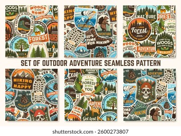Set of summer camp colorful seamless pattern with travel inspirational quotes. Vector. Background, wallpaper, seamless pattern with oak leaf and acorns, pin forest, hiking poles, deer and forest.