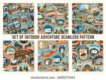 Set of Summer camp colorful seamless pattern with travel inspirational quotes. Vector. Background, wallpaper, seamless pattern with camping climber, tent, mountain and forest.