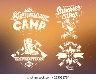 Set summer camp, expedition, rafting typography design label on on blurred background