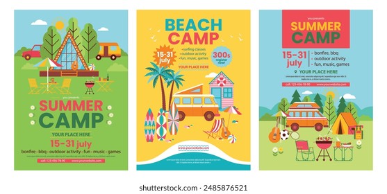 Set of summer camp flyers template with tourist equipment, bungalow and transportation. Summer vacation, tourism and traveling. Recreation outdoors in tent, cabin or van with leisure accessories