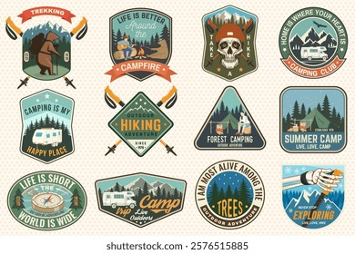 Set of Summer camp and hiking patches, badges. Vector. Concept for shirt or logo, print, stamp, patch or tee. Design with camping tent, campfire, rv trailer, mountain, hiker pole, and forest