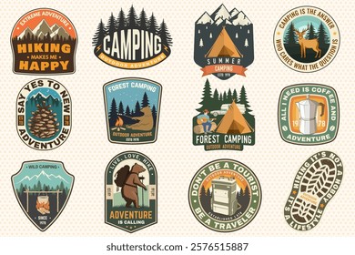 Set of Summer camp and hiking patches, badges. Vector. Concept for shirt or logo, print, stamp, patch or tee. Design with camping tent, campfire, man with guitar, bear, mountain and forest.