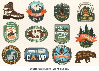 Set of Summer camp and hiking patches, badges. Vector. Concept for shirt or logo, print, stamp, patch or tee. Design with mountain, forest, hiking boots, rv trailer, camping tent, campfire.