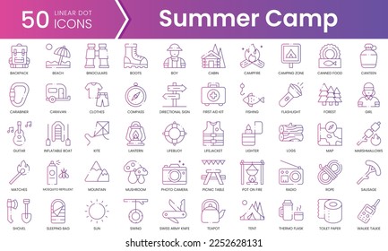 Set of summer camp icons. Gradient style icon bundle. Vector Illustration