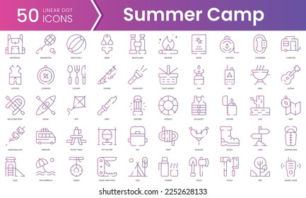 Set of summer camp icons. Gradient style icon bundle. Vector Illustration