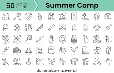 Juego de iconos de campamento de verano. Conjunto de iconos de estilo de arte de línea. ilustración vectorial