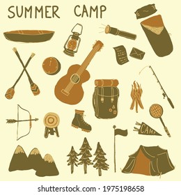 A set of summer camp icons, variety of summer camp activities and recreation, retro vibe