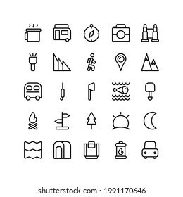 Set of summer camp outline style icon and illustration - vector