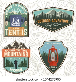 Set of Summer camp patches. Vector. Concept for shirt, print, stamp, apparel or tee. Vintage design with lantern, pocket knife, campin tent, axe, mountain, campfire and forest silhouette