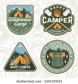 Set of Summer camp patches. Vector. Concept for shirt, print, stamp, apparel or tee. Vintage design with lantern, marshmallow, campin tent, axe, mountain, campfire and forest silhouette