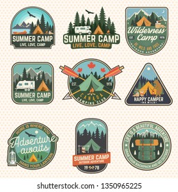 Set of Summer camp patches. Vector. Concept for shirt, print, stamp, apparel or tee. Vintage design with lantern, pocket knife, campin tent, axe, mountain, campfire and forest silhouette