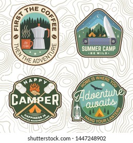 Set of Summer camp patches. Vector. Concept for shirt, print, stamp, apparel or tee. Vintage design with lantern, pocket knife, campin tent, axe, mountain, campfire and forest silhouette