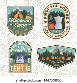 Set of Summer camp patches. Vector. Concept for shirt, print, stamp, apparel or tee. Vintage design with lantern, pocket knife, campin tent, axe, mountain, campfire and forest silhouette