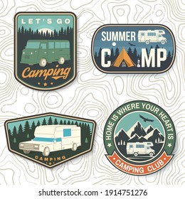 Set of Summer camp patches. Vector. Concept for shirt or logo, print, stamp, patch or tee. Vintage typography design with rv trailer, camping tent, forest, mountain silhouette