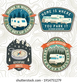 Set of Summer camp patches. Vector. Concept for shirt or logo, print, stamp, patch or tee. Vintage typography design with rv trailer, camping tent, forest, mountain silhouette