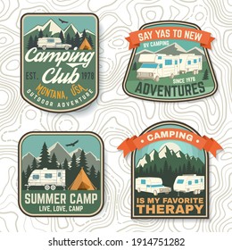 Set Of Summer Camp Patches. Vector. Concept For Shirt Or Logo, Print, Stamp, Patch Or Tee. Vintage Typography Design With Rv Trailer, Camping Tent, Forest, Mountain Silhouette