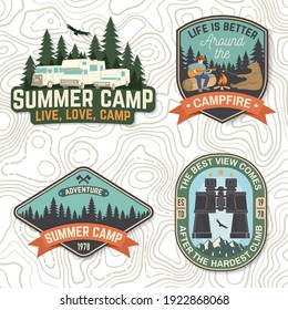 Set of Summer camp patches Vector Concept for shirt or logo, print, stamp, patch or tee. Vintage typography design with man, bear with marshmallow, cempfire, camping tent, forest, mountain silhouette