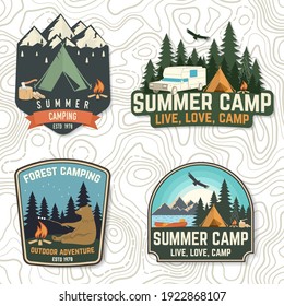 Set of Summer camp patches. Vector Concept for shirt or logo, print, stamp, patch or tee. Vintage typography design with bear with marshmallow, cempfire, camping tent, forest, mountain silhouette