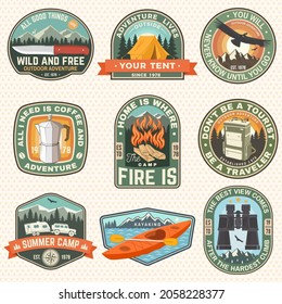 Set of Summer camp patches. Vector illustration. Concept for shirt or logo, print, stamp, badges or tee. Design with condor, kayak, camping tent, binoculars, campfire, mountains and forest silhouette.