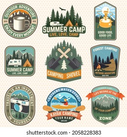 Set of Summer camp patches. Vector illustration. Concept for shirt or logo, print, stamp, badges or tee. Design with kayak, camping tent, primus, mug, campfire, mountains and forest silhouette.