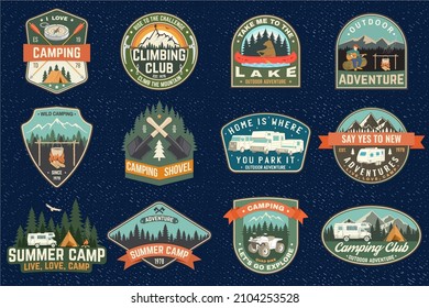 Set of Summer camp patches. Vector Concept for shirt or logo, print, stamp, patch or tee. Vintage typography design with rv trailer, camping tent, forest, mountain silhouette