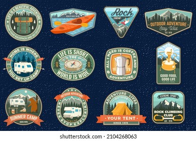 Set of Summer camp patches. Vector Concept for shirt or logo, print, stamp, patch or tee. Vintage typography design with rv trailer, camping tent, forest, mountain silhouette