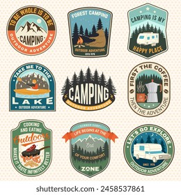 Set of Summer camp patches. Vector. Concept for shirt or logo, print, stamp, patch or tee. Stickers with steak in a pan, kayaker, bear, campfire, forest, mountain.