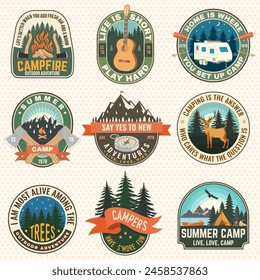 Set of Summer camp patches. Vector. Concept for shirt or logo, print, stamp, patch or tee. Stickers with guitar, rv trailer, camping tent, forest, mountain.