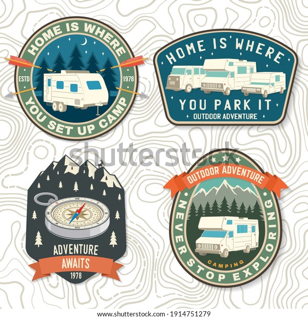 Set of Summer
camp patches. Vector. Concept for shirt or logo, print, stamp,
patch or tee. Vintage typography design with rv trailer, camping
tent, forest, mountain
silhouette