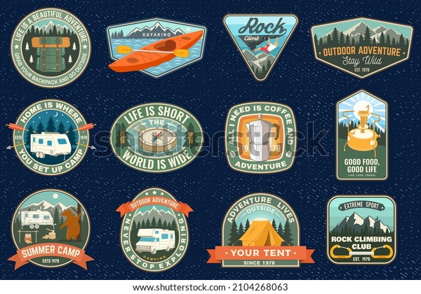 Set of Summer\
camp patches. Vector Concept for shirt or logo, print, stamp, patch\
or tee. Vintage typography design with rv trailer, camping tent,\
forest, mountain\
silhouette