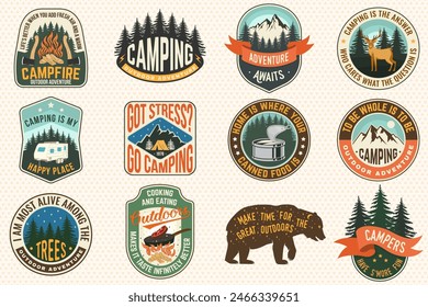 Set of Summer camp quotes patches. Vector. Design with rv trailer, camping tent, forest, bear, deer, mountains, axe and campfire.