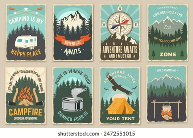 Set of Summer camp quotes patches. Vector. Design with rv trailer, camping tent, forest, bear, deer, mountains, axe and campfire.