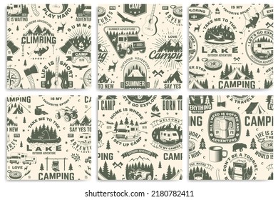 Set of summer camp seamless pattern, background. Vector. Retro typography design with rv trailer, tent, mountain, campfire, hiker and forest silhouette. For camping and hiking organizations