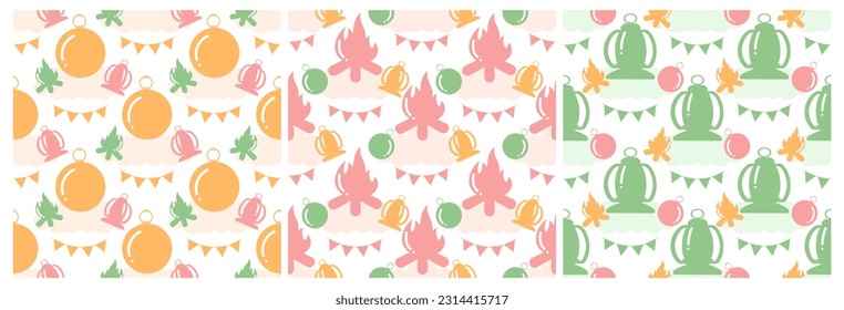 Set of Summer Camp Seamless Pattern Design of Camping and Traveling in Template Hand Drawn Cartoon Flat Illustration
