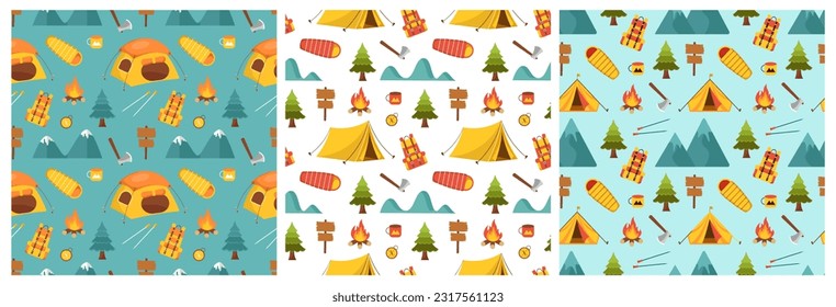 Set of Summer Camp Seamless Pattern Design of Camping and Traveling Element in Template Hand Drawn Cartoon Flat Illustration
