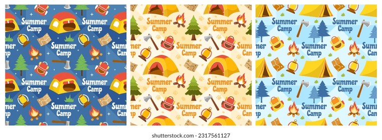 Set of Summer Camp Seamless Pattern Design of Camping and Traveling Element in Template Hand Drawn Cartoon Flat Illustration