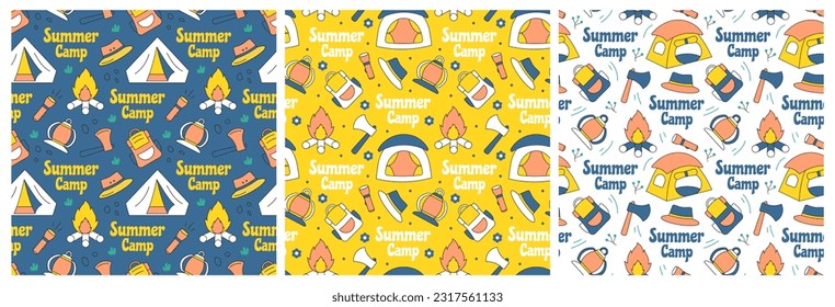 Set of Summer Camp Seamless Pattern Design of Camping and Traveling Element in Template Hand Drawn Cartoon Flat Illustration