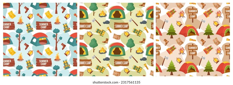 Set of Summer Camp Seamless Pattern Design of Camping and Traveling Element in Template Hand Drawn Cartoon Flat Illustration