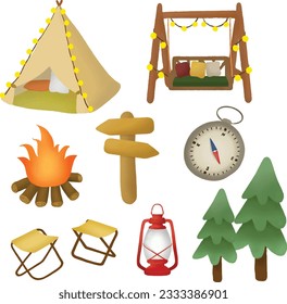 Set of summer Camping is a cute cartoon. Adventure, tourist attractions, and camping. Colorful vector outdoor image in the manner of a flat cartoon.