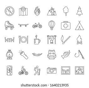 Set summer camping and outdoor line icons. Elements camping, hiking and sport for web design