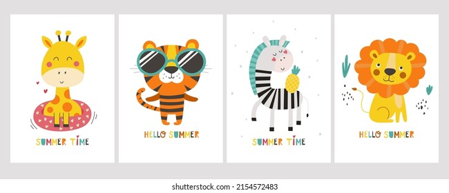 Establezca la tarjeta de verano con animales lindos. Ilustraciones vectoriales
