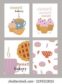 Set of summer card with sweets, cupcake, open pie, donut, candy, cappuccino, vector illustrations in cartoon style for child fabric, textile, nursery, wallpaper